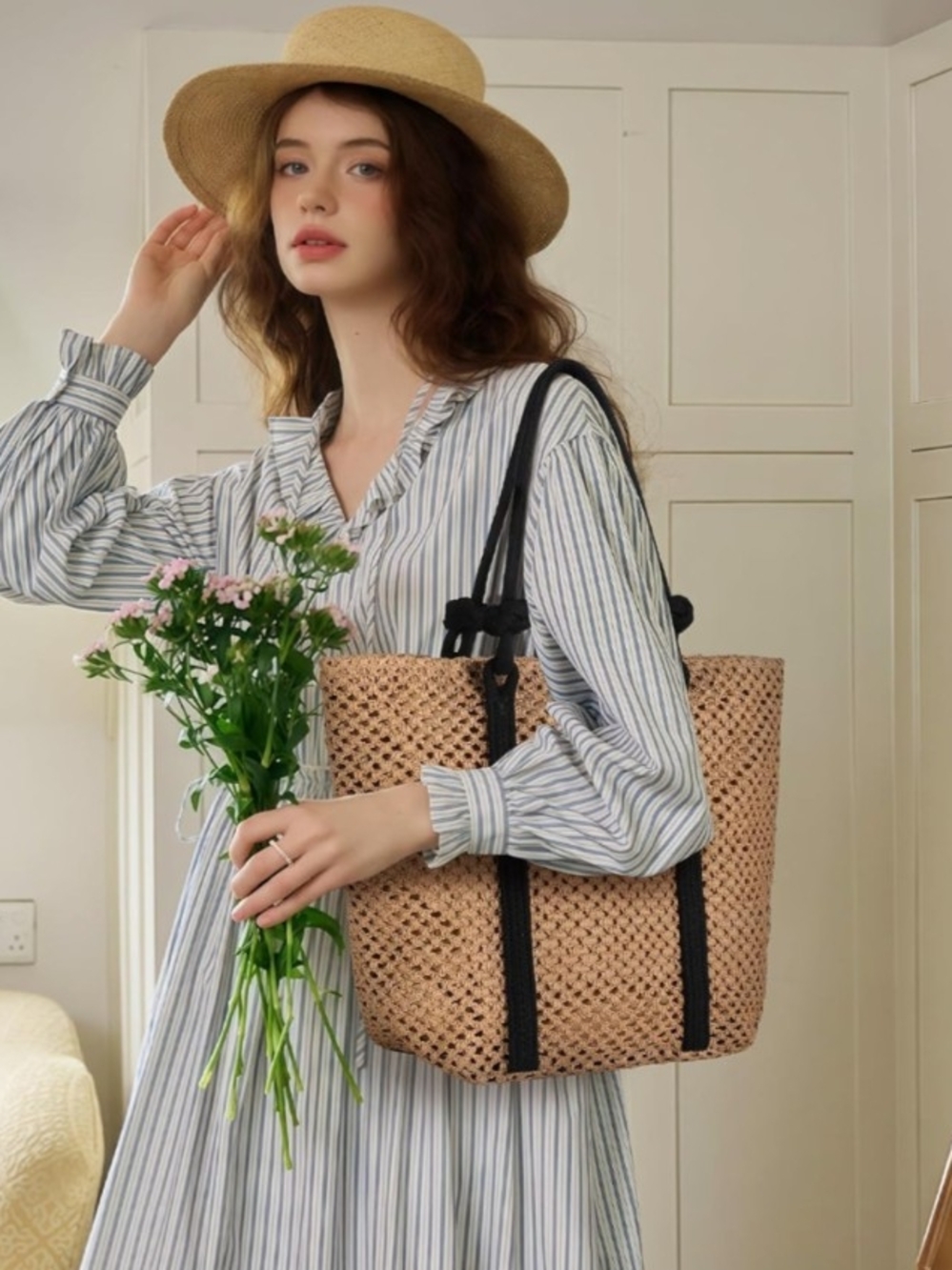 Natural Woven Tote Shoulder Bag with Black Straps